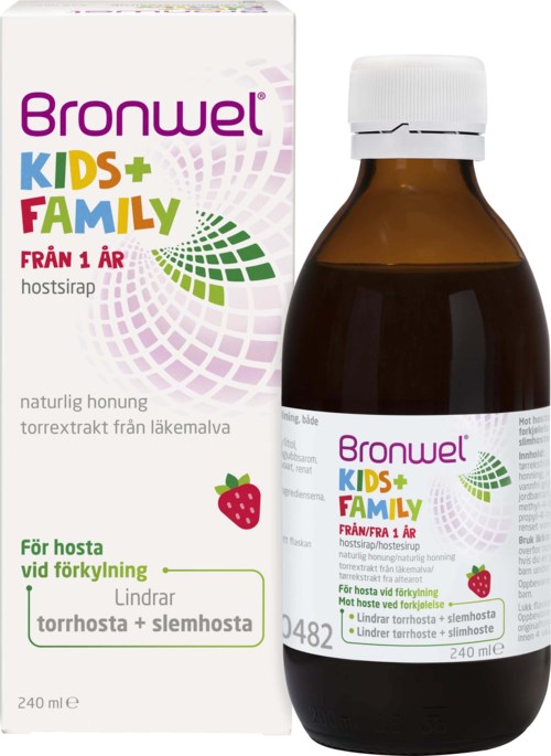 A brown bottles and box for children, with colorful logo and strawberries. It is a syrup for cough relief from 1 year.