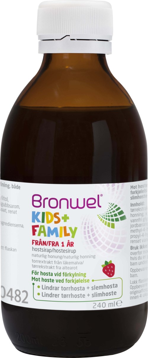 A brown medicine bottle with a white cap, label indicates Bronwel Kids+ Family for cough and sore throat relief.