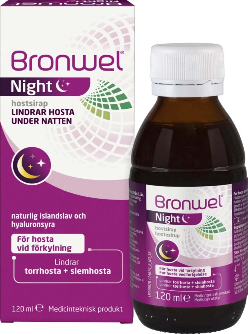 Bronwel Night syrup for cough relief, with island cherry and hyaluronic acid, helps soothe dry throat and stop coughs.