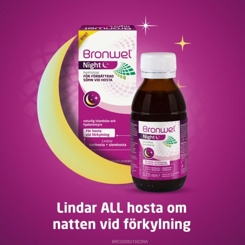 Bronwel Night syrup helps with cough and cold relief during sleep. Suitable for children and adults.