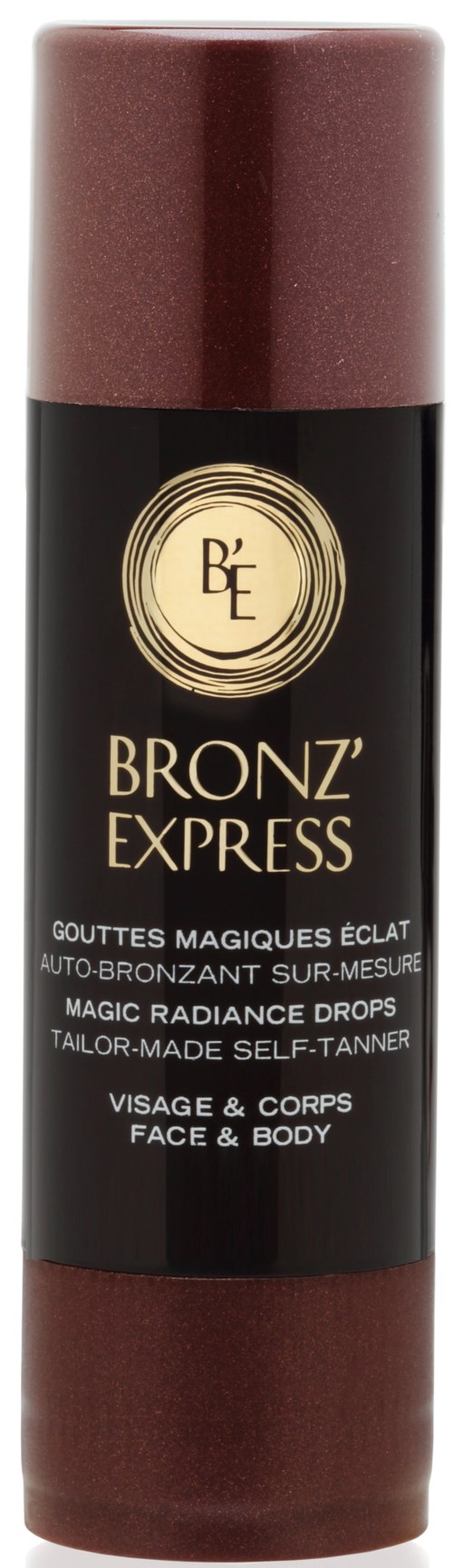 Lip balm tube with black label and gold logo, labeled 'Bronz' Express' for face and body tanning.
