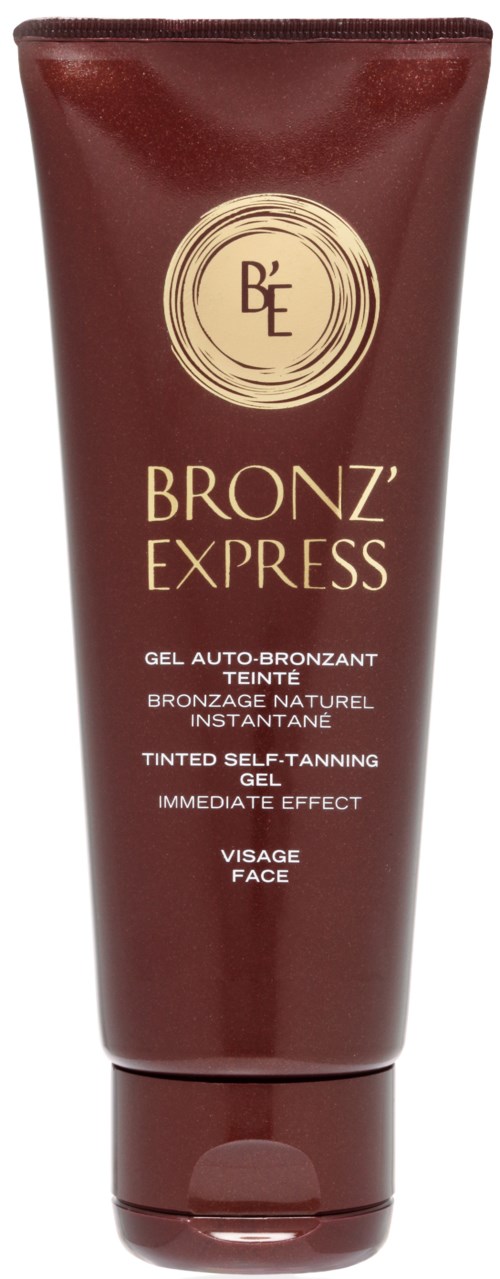 A brown tube labeled 'Bronz' Express' with gold and white text for self-tanning gel for face.