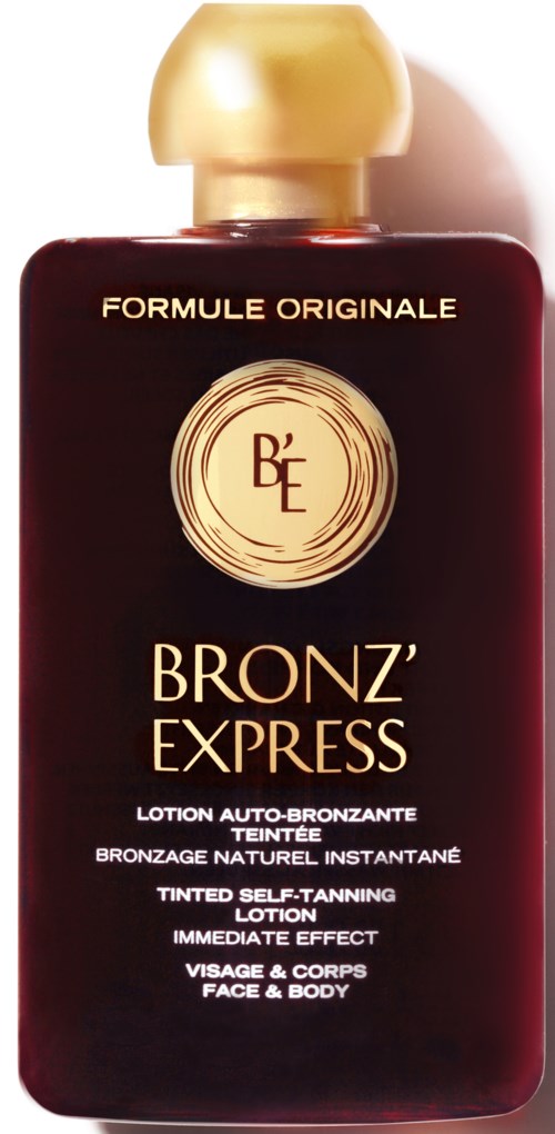A dark red bottle with a gold cap, labeled 'BE BRONZ' EXPRESS' for self-tanning lotion.