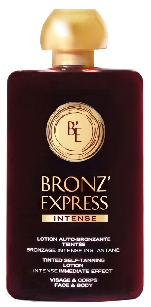 Dark red lotion bottle with a gold cap, labeled 'BRONZ' EXPRESS INTENSE', for face and body tanning.