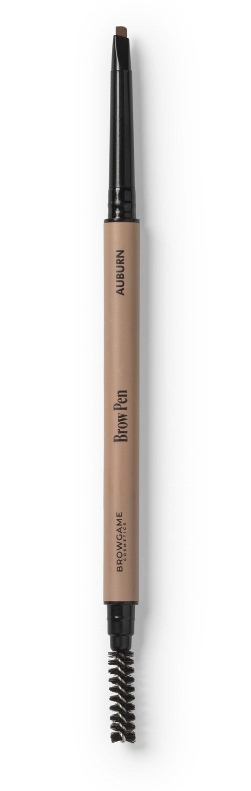 A dual-ended eyebrow pencil with a brush on one side and a pencil on the other, beige body, and black tip.