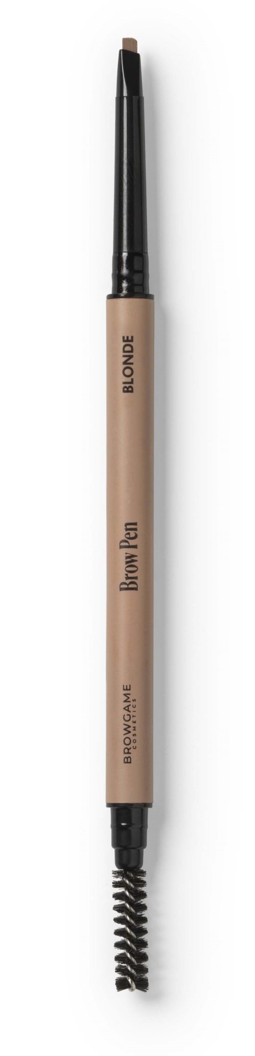 A beige eyebrow pencil with a black cap and a spiral brush at the end.
