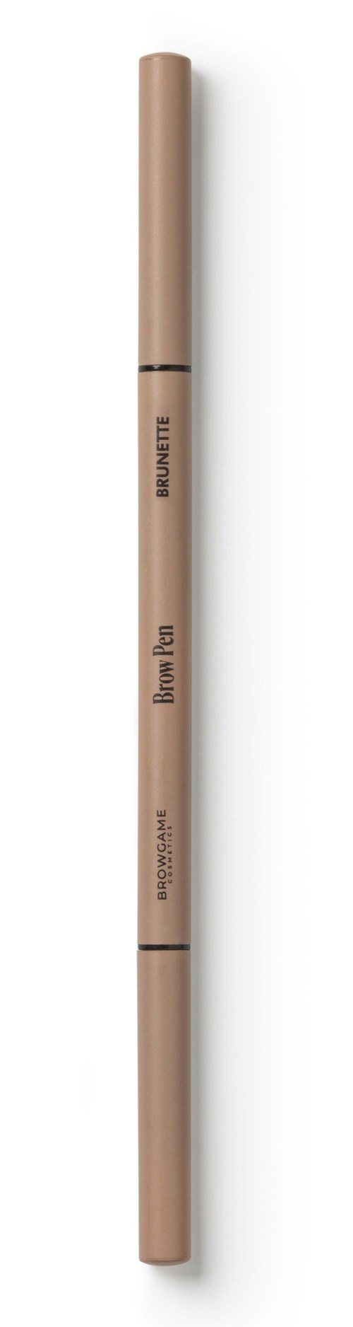 A long, beige, cylindrical makeup brush with text on it and black lines near the ends.