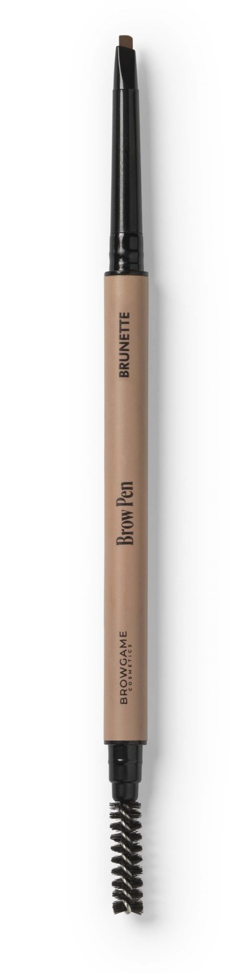 A dual-ended eyebrow product with a spoolie and a pencil, labeled 'Brow Pencil' and 'Brow Tinter' on a beige handle.
