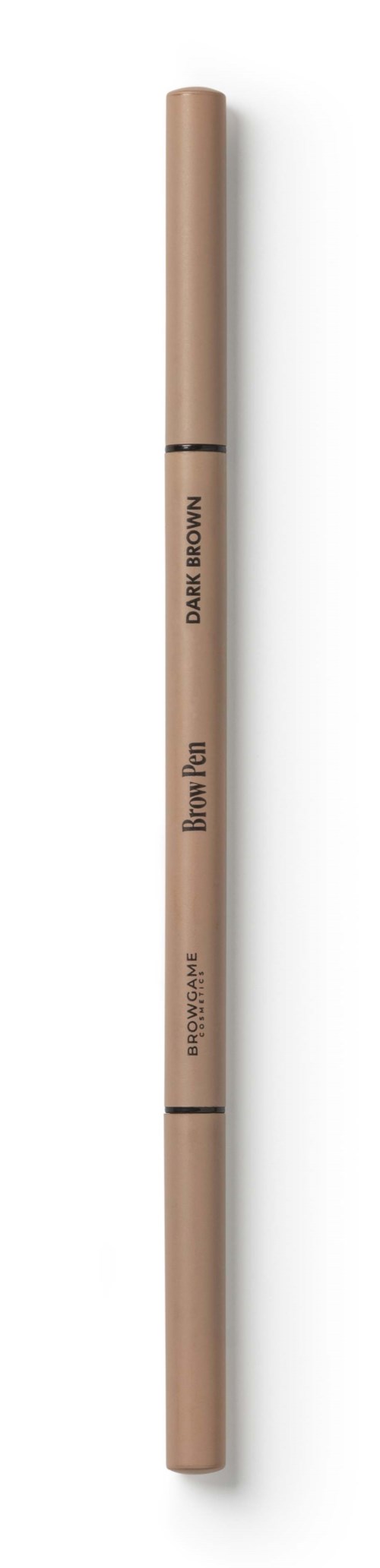 A beige makeup pencil with black text, including words like 'DUAL ENDED' and 'Brow Fix,' lies vertically on a white background.