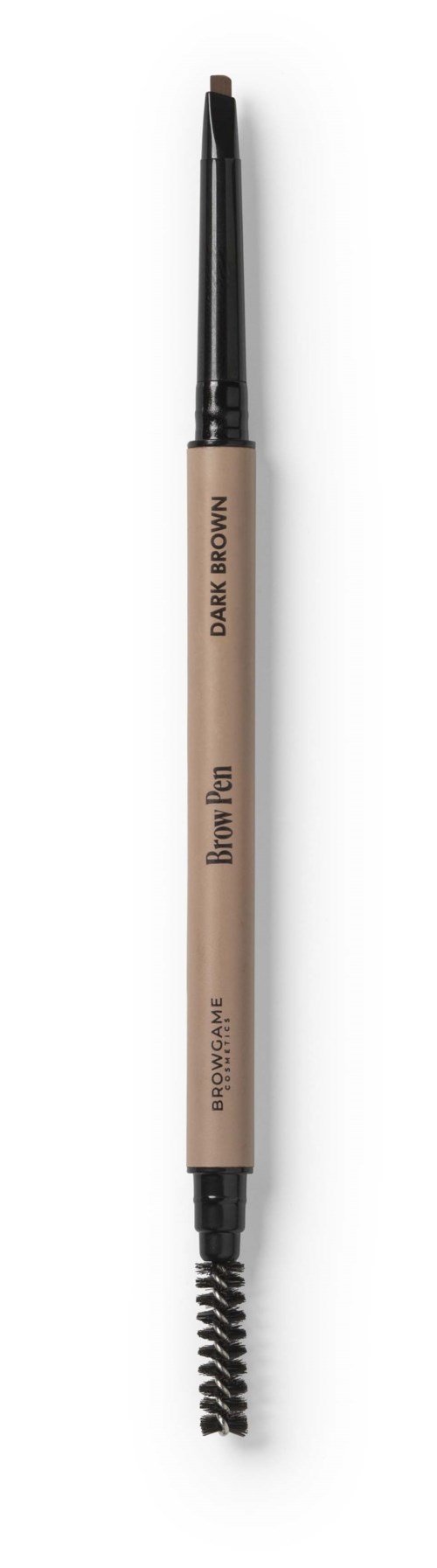 A beige eyebrow pencil with a spiral brush at the end and a black tip, labeled "Brow D•RICH" and "Brow Definer."