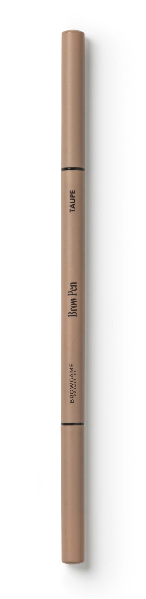 A long, cylindrical makeup brush with words like 'powder' and 'blush' written on it.