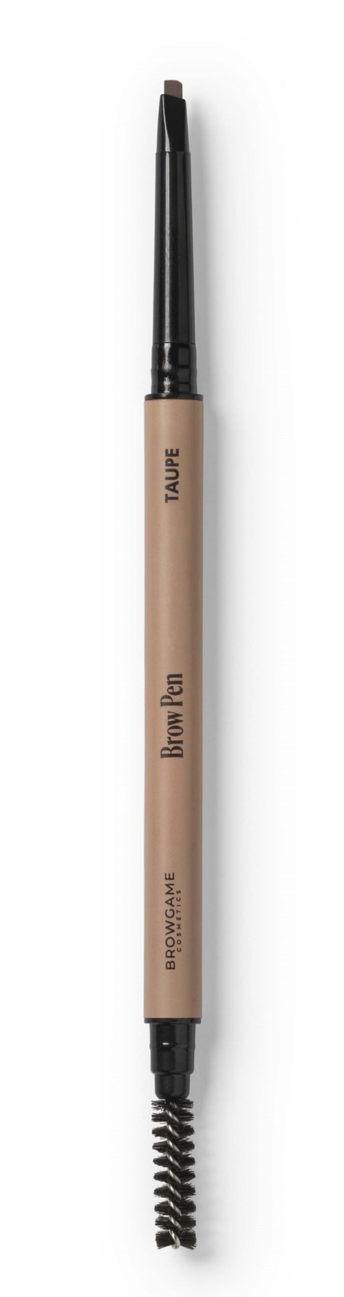 A dual-ended eyebrow pencil with a spoolie on one end and a pencil tip on the other.