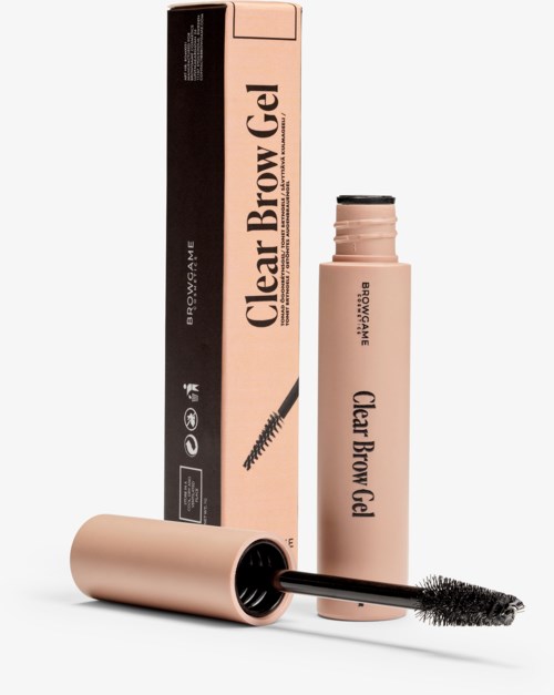 A tube of clear brow gel with a black brush, packaging box, and opened tube showing the brush.
