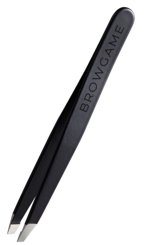 A pair of black tweezers with the word 'Browgame' on the handle.