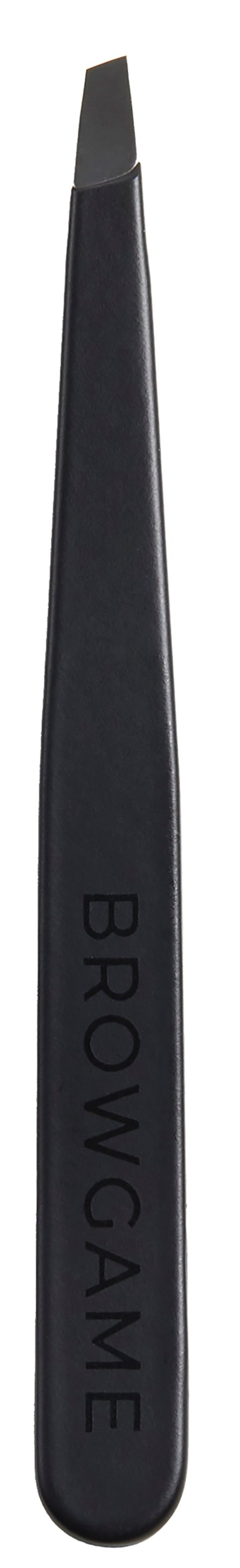 A black tweezer with the word "BROWGAM" on it, used for eyebrow grooming.