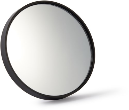 A round mirror with a black frame, standing on a white background.