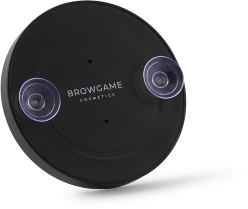 A round black container with two small clear sections that glow, labeled 'BROWGAME COSMETICS' in the center.