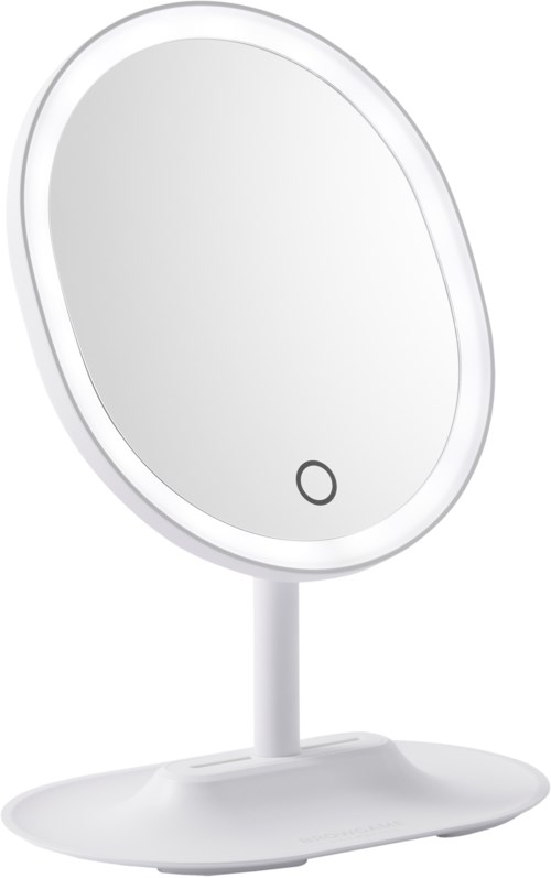 A white, oval mirror with a small black circle at the bottom, standing on a simple base.