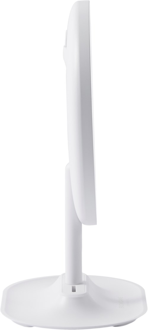 A white computer monitor viewed from the side, with a stand and power cable.