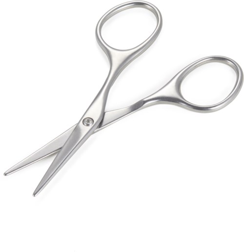 A pair of silver scissors with sharp blades and round handles, opened slightly.