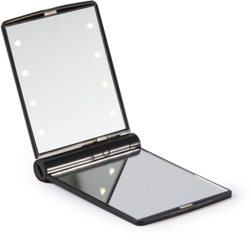 A black foldable makeup mirror with bright lights around the edges and a reflective surface inside.