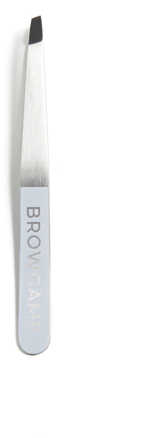 A metal tool with a black tip used for shaping or manipulating eyebrows, labeled 'BROW'.