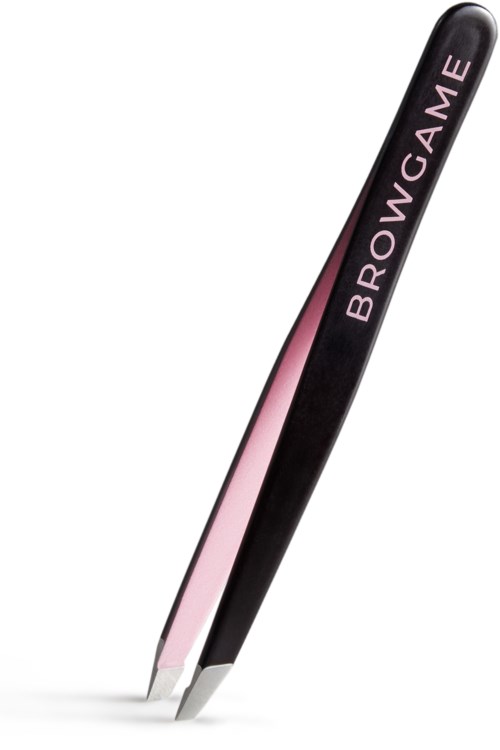 En BrowGame-verktyg för skönhet med rosa och svart design, formad som ett litet platt verktyg för att forma ögonbryn.