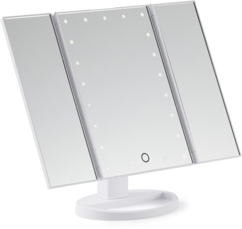 A modern, round, mirror with a built-in light strip and touch button, on a white stand.