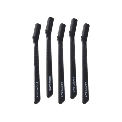 Five black eyebrow razors with textured handles and the word 'BROWGAME' on each.