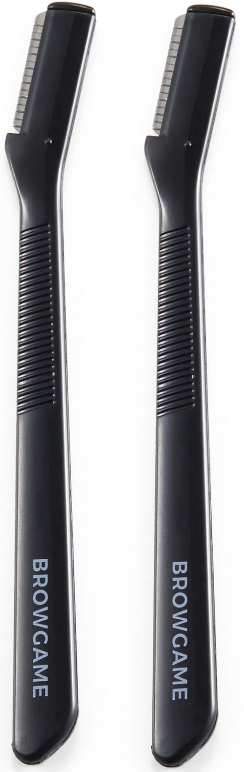Two black grooming razors labeled 'BROWGAME' with textured handles.