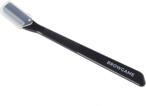A black razor with a plastic handle and a small shaving blade head. The handle has the word "BROWGAME" on it.