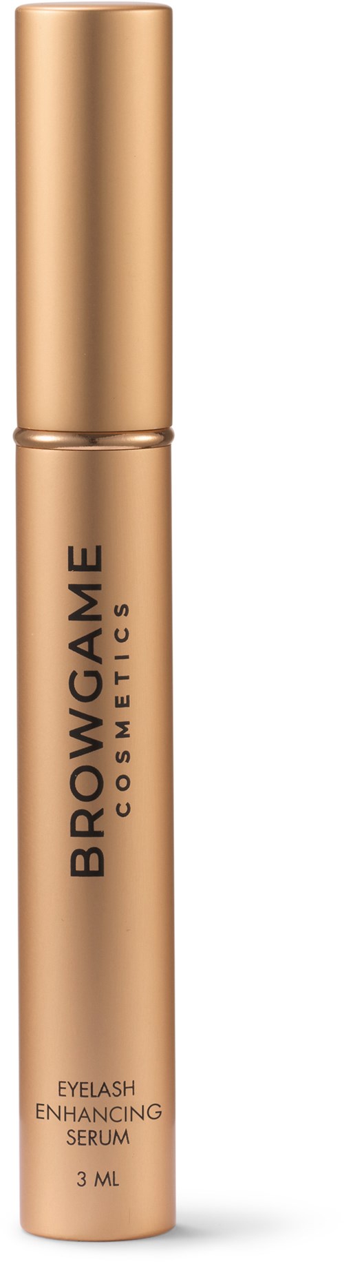 Beige Flasche mit goldener Kappe, beschriftet 'BROWGAMER COSMETICS EYELASH ENHANCING SERUM' mit 3,1 ml.