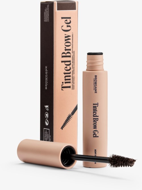 A brow gel with a pink tube and a black brush, and its box. The text says Tinted Brow Gel.