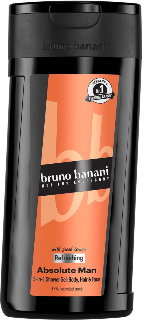 Een zwarte douchegelfles met een label met het merk Bruno Banani en productinformatie voor mannen.