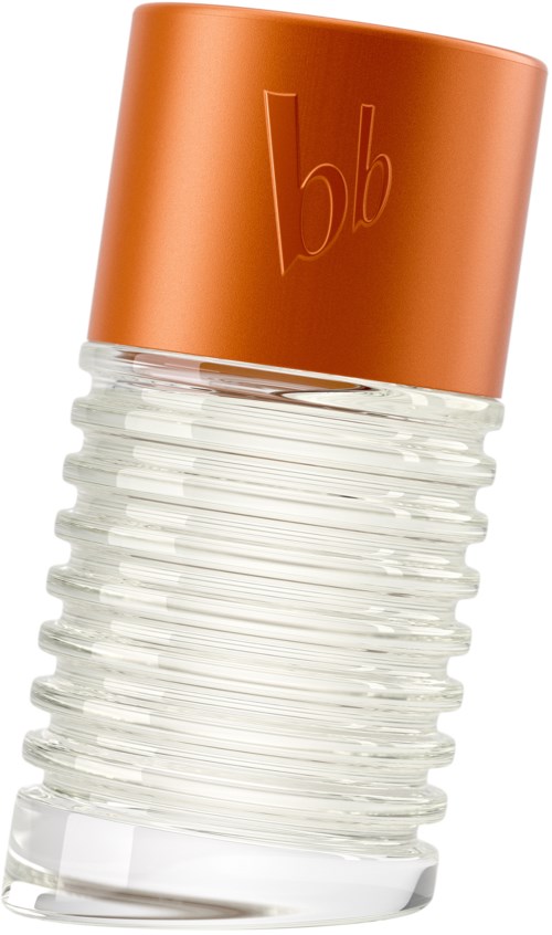 Een heldere, ribbelige container met een oranje deksel en de letters "b|b" erop.