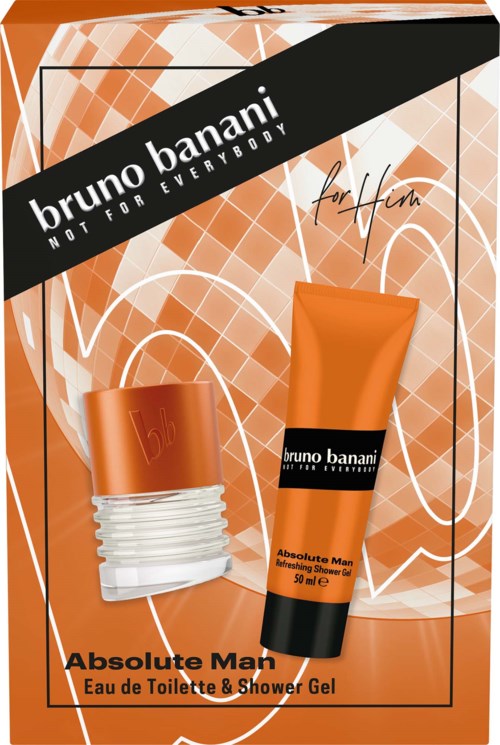 Bruno Banani Absolute Man Eau de Toilette och duschgel i orange förpackning med svart och vitt text, mot en abstrakt bakgrund.