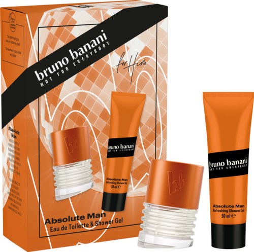 Box med bruno banani Absolute Man duschgell och eau de toilette med orange förpackning.