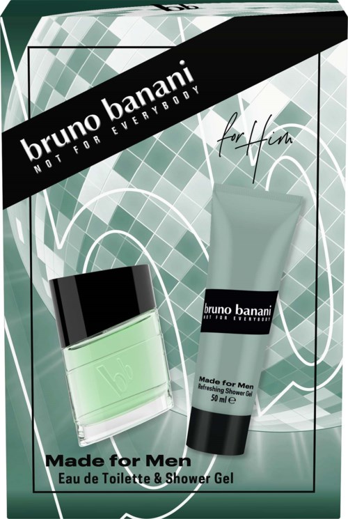Bruno Banani Made for Men duschgel och eau de toilette-set i svart och grönt förpackning.