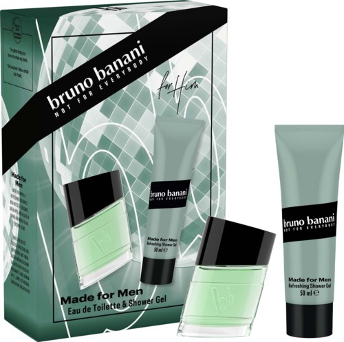 Bruno Banani Made for Men doftset innehåller en duschgel, eau de toilette och lotion i gröna flaskor.