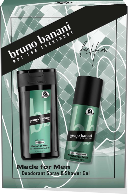 Förpackning för Bruno Banani deodorantsspray och duschgell för män i grönt och svart design.
