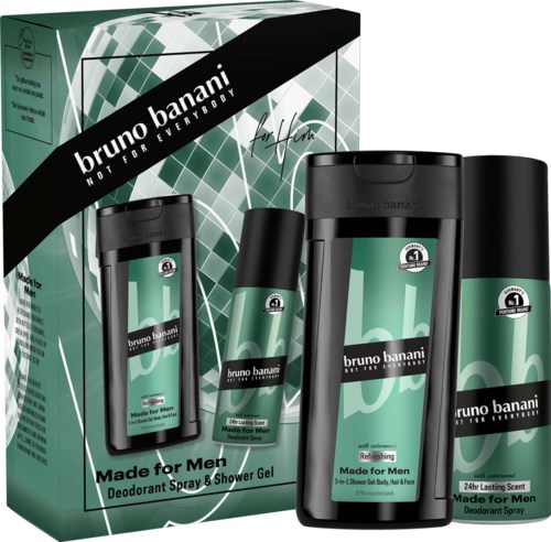 Samling av Bruno Banani herrprodukter, inklusive deodorantspray och duschgel, i svart och grönt förpackning.
