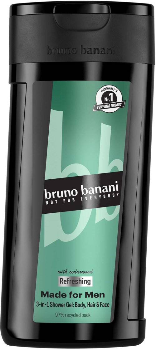 Een zwarte plastic fles met groen label, met het merk 'bruno banani' en geeft aan dat het een mannen-douchegel is.