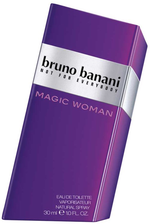 Een paarse parfumfles met zilveren en zwarte tekst, gelabeld 'Bruno Banani Magic Woman'.