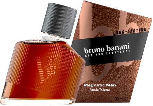 Een glazen flesje mannenparfum met een zilverkleurige dop en een zwart-bruin doosje met "Bruno Banani".