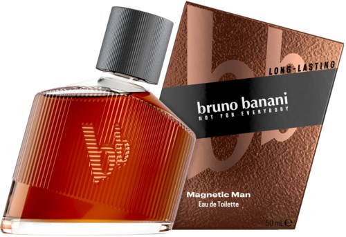 Een parfumfles en doos in zwart en koperkleuren, met label 'Magnetic Man' door Bruno Banani, voor mannen.