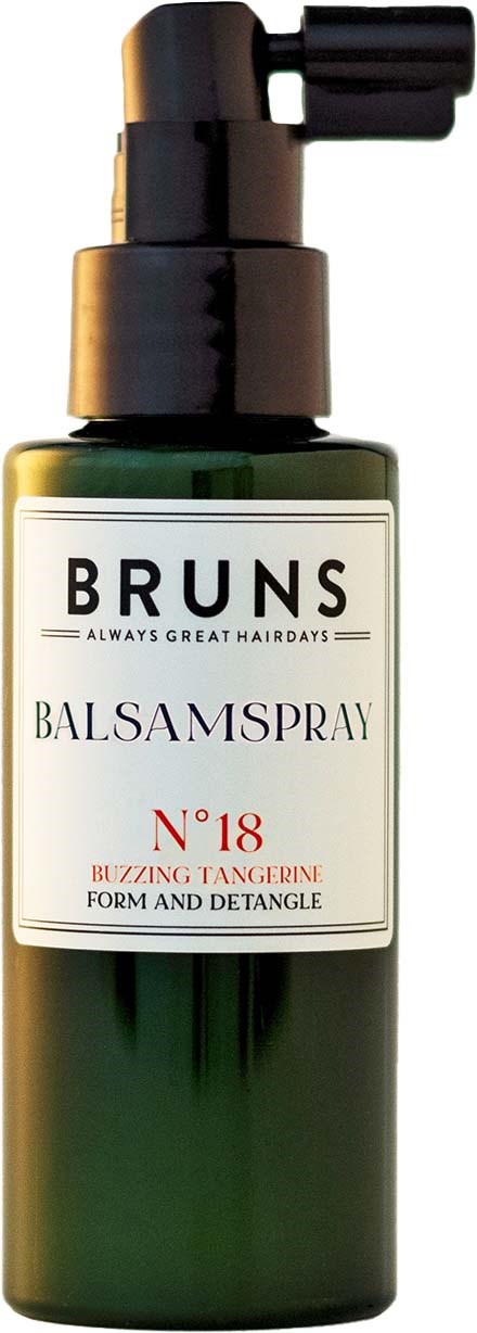 En grön sprayflaska märkt 'Bruns Balsam Spray No. 18 Buzzing Tangerine' med en svart topp. Den används för hår.