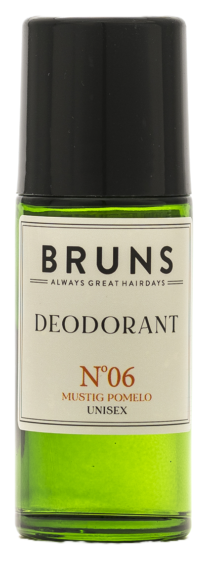 A green and white deodorant stick with a black cap, labeled 'BRUNS, No 06, Mustig Pomelo, Unisex'.