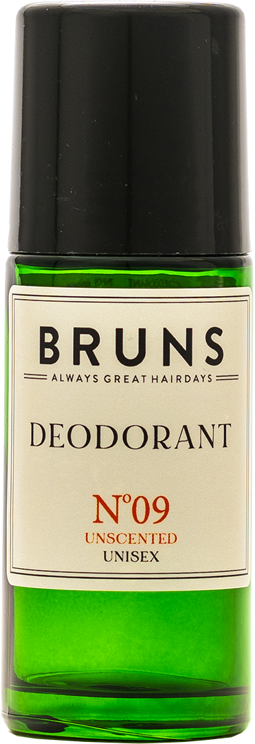 Green roll-on deodorant bottle with black cap, label says Bruns No. 09 Unscented for all genders.