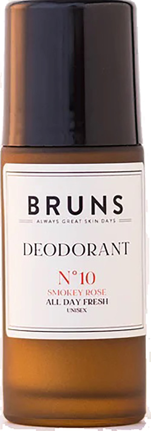 A brown spray deodorant bottle with a black cap, labeled "BRUNS" and "Deodorant No 10 Smokey Rose."