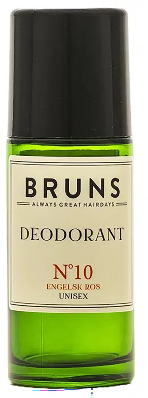 Green and black deodorant roll-on with white label, labeled 'Bruns' and 'No 10 Engels K Ros.'
